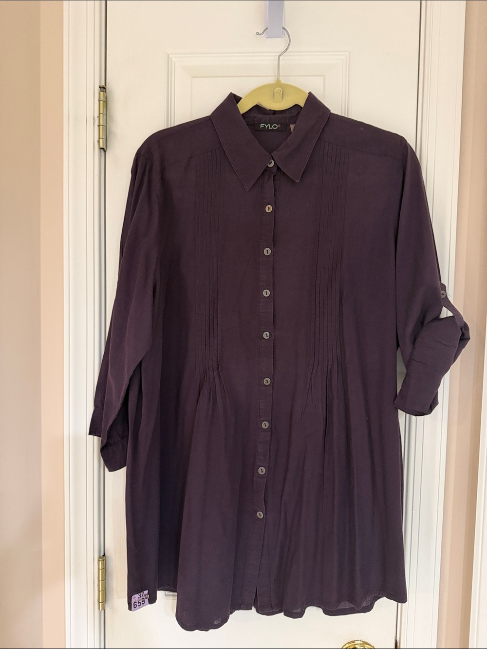 FYLO Plum Button-Front 3/4 Sleeve Shirt, XXL